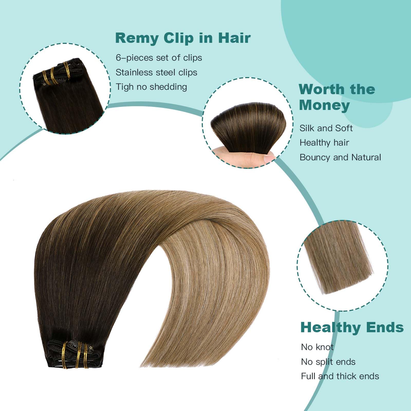 VINBAO Extension Clip Capelli Veri, Naturali Da Castano Più Scuro a Biondo Sporco Extension Capelli Veri Clip, 50cm Remy Umani Naturali Capelli Extension con Clip 120g 6pcs (#C2/6/18, 20'')