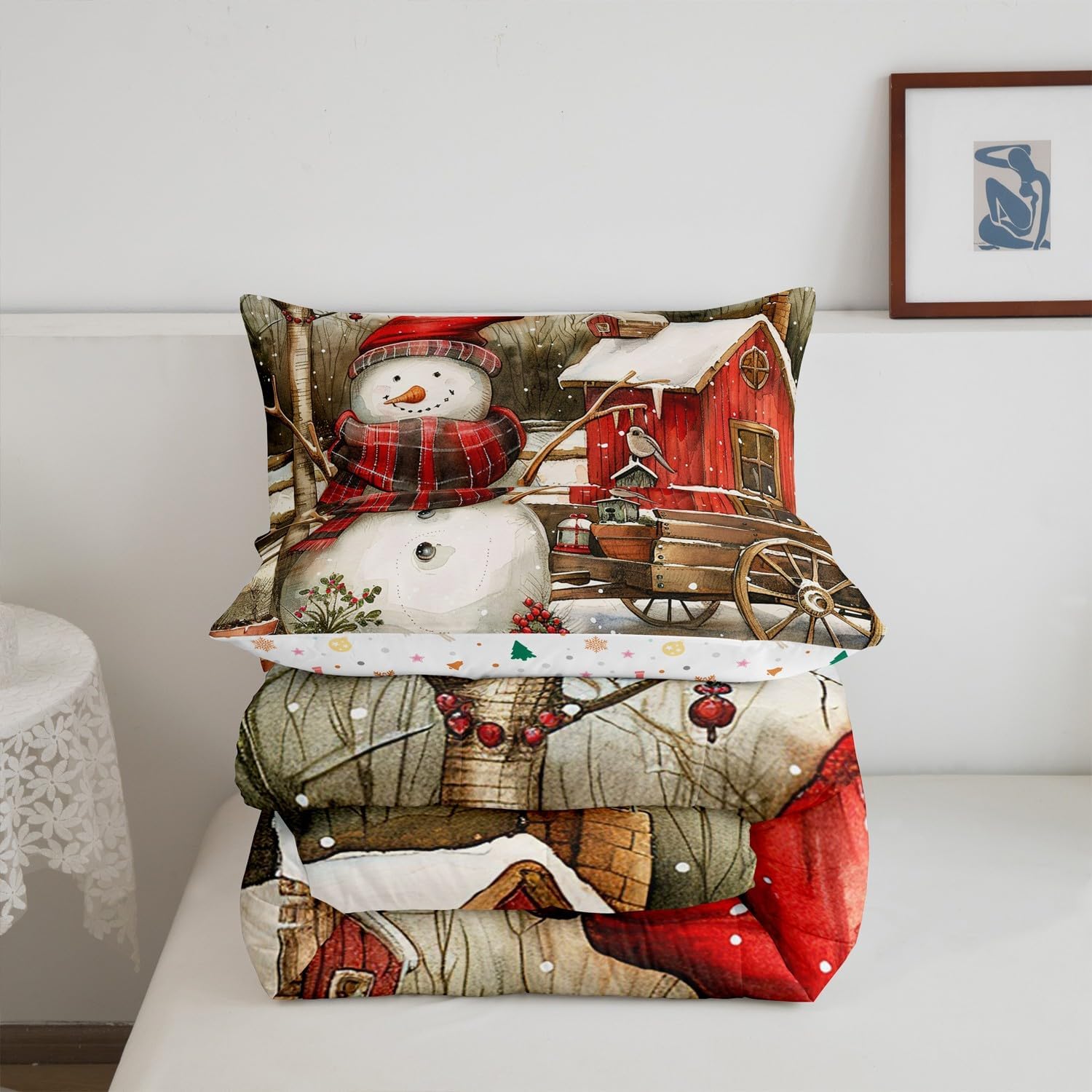 Watercolor Snowman Comforter Set Queen Size Rustic Wooden Farmhouse Cabin Bedding Set Bedroom Decor Christmas Quilt Set Comfortable Breathable Brown Jungle Trees Duvet Insert 3Pcs