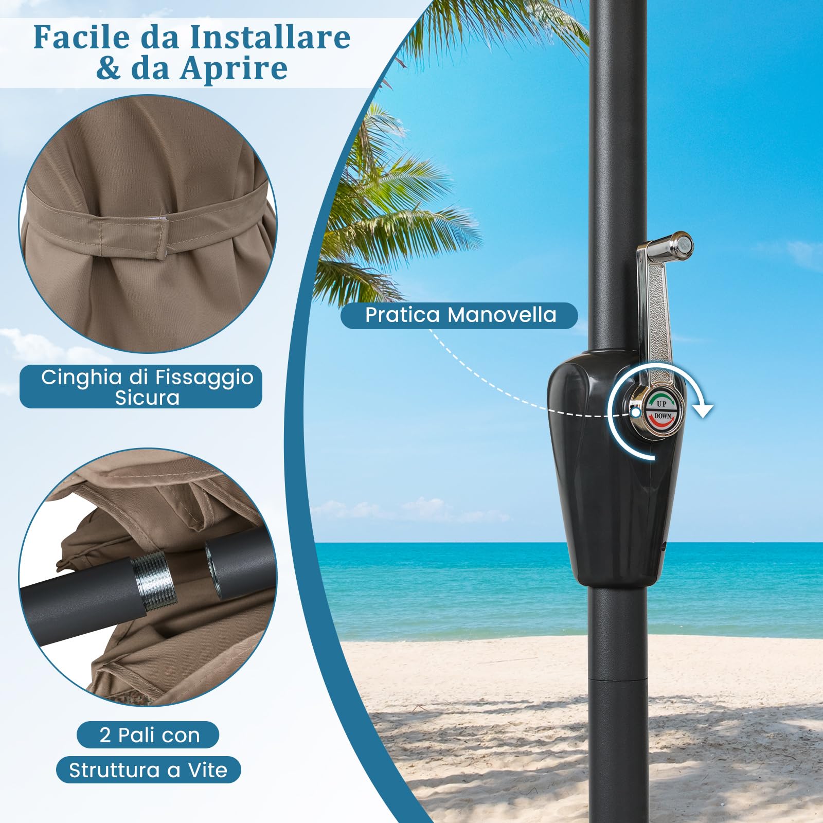 COSTWAY Ombrellone Giardino 300 cm, Ombrellone 3 Livelli con Ventilazione, Inclinazione Regolabile, Manovella, 8 Costole, per Giardino Spiaggia Piscina (Marrone)