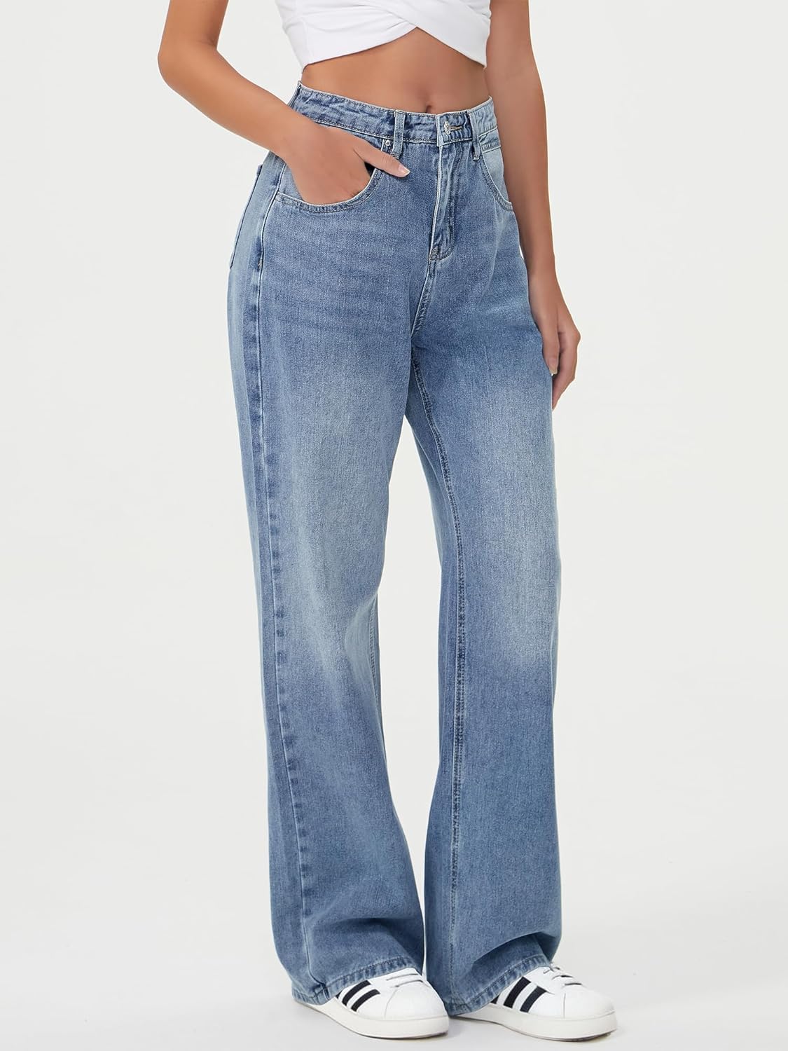 HDLTE Baggy Stretchy Jeans for Women High Waisted Trendy Wide Leg Jeans Boyfriend Denim Pants with Patch Pockets - Image 4