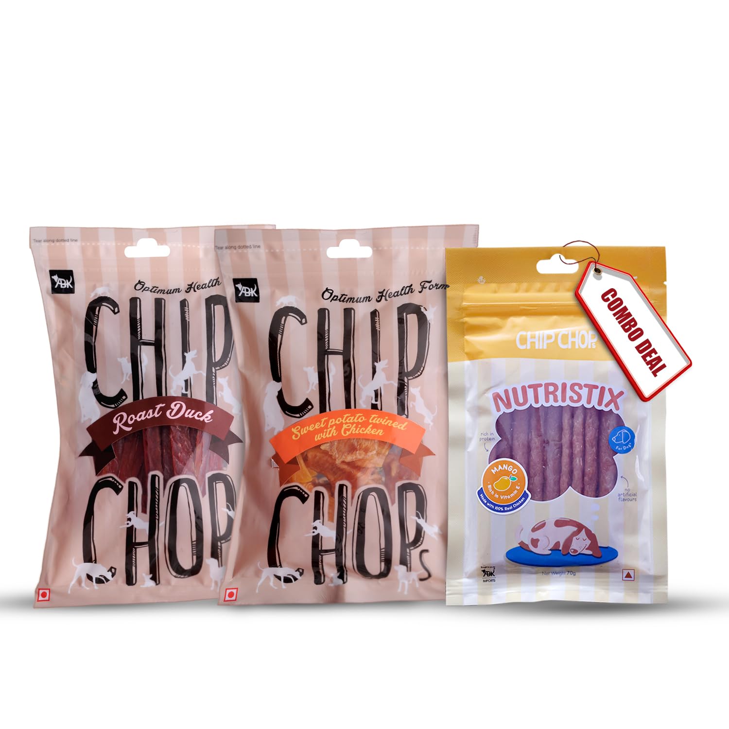 Chip Chops Dog Treat Combo (Sweet Potato Chicken, Roast Duck Strips and Mango Flavour Nutristix) 70gm each - Protein Rich Snacks for all Dog Breeds (B0C8B7T1FZ) Amazon Price History, Amazon Price Tracker
