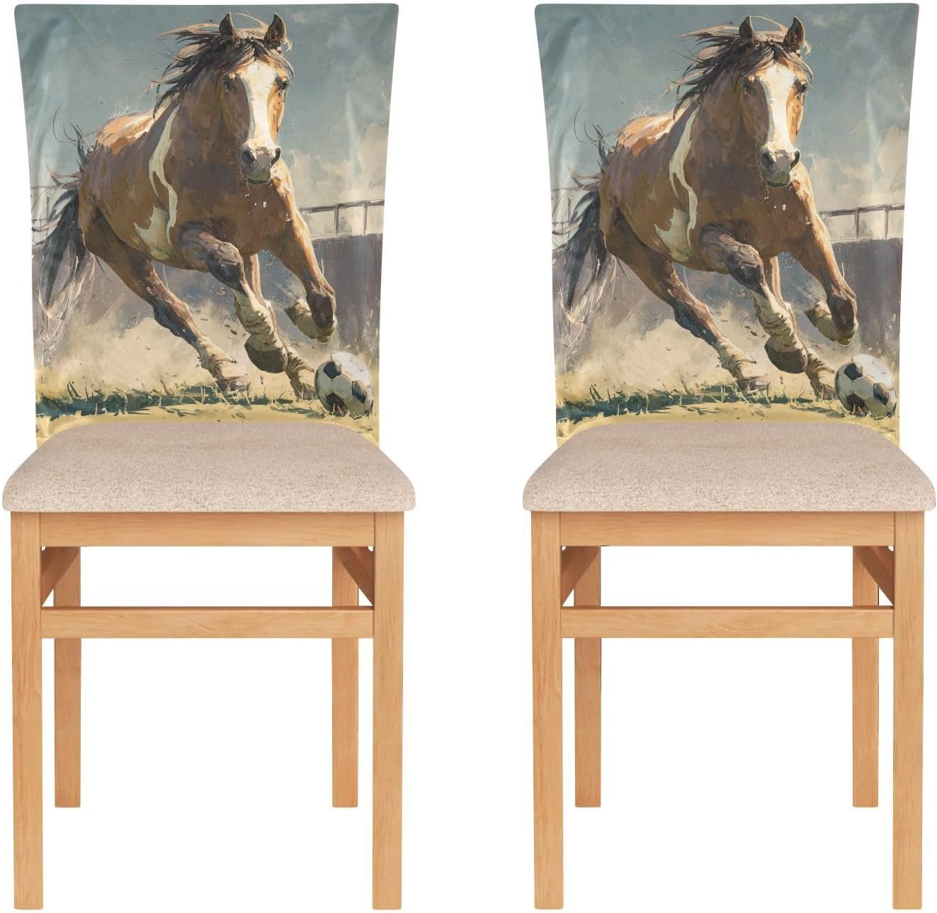 ALAZA Soccer Balls and Horse Chair Back Cover Set of 6, Washable Reusable Removable Chair Slipcovers Decorative Chair Cover for Home Kitchen Wedding Party