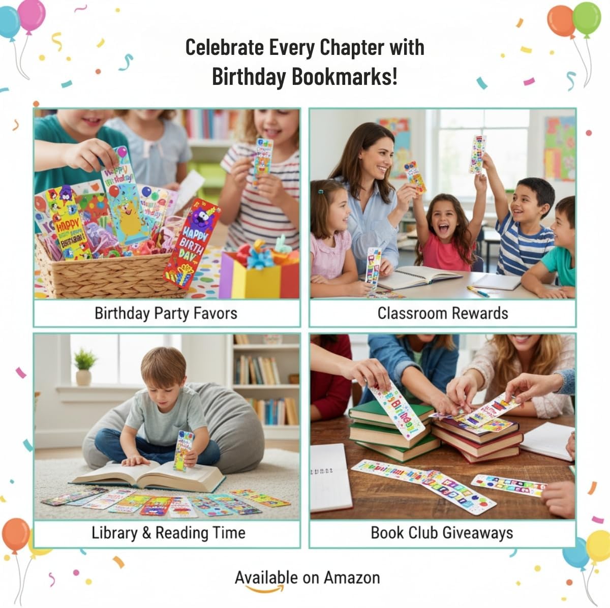 Bold & Bright Multicolor Birthday Cardstock Bookmarks - 2" x 6" (Pack of 48) - Colorful & Fun Design - Perfect Party Favors & Keepsakes