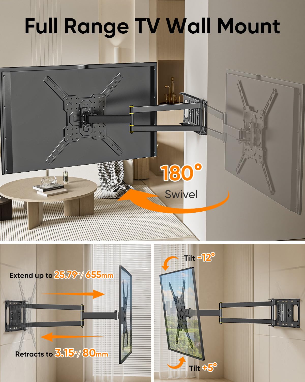 FORGING MOUNT Supporto TV ad angolo con braccio lungo 25", orientabile e orientabile, resistente, per schermi da 26 a 65 pollici, carico 34,9 kg, VESA max 400 x 400 mm, adatto per perno da 16 ''