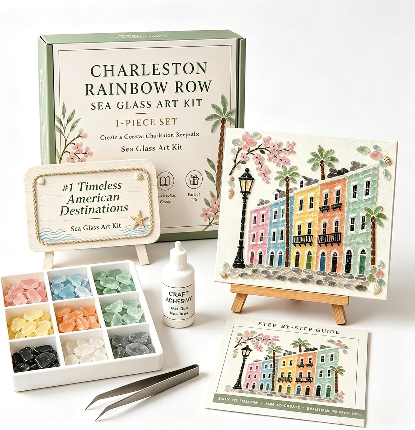 Sea Glass Art Kit Timeless American Destinations, DIY Sea Glass Acrylic Mosaic Craft Ocean Kit with Colorful Glass Pieces, Coastal Artwork for Adults, Handmade Decorative Wall Art Gift Home Decor (#D)