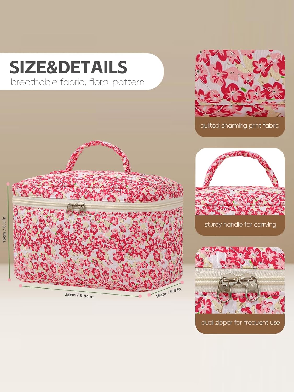 Large Travel Quilted Makeup Bag for Women Girls, Floral Cosmetic Bag, Cute Coquette Aesthetic Flowers Toiletry Organizer Bag Red Flower - Image 4