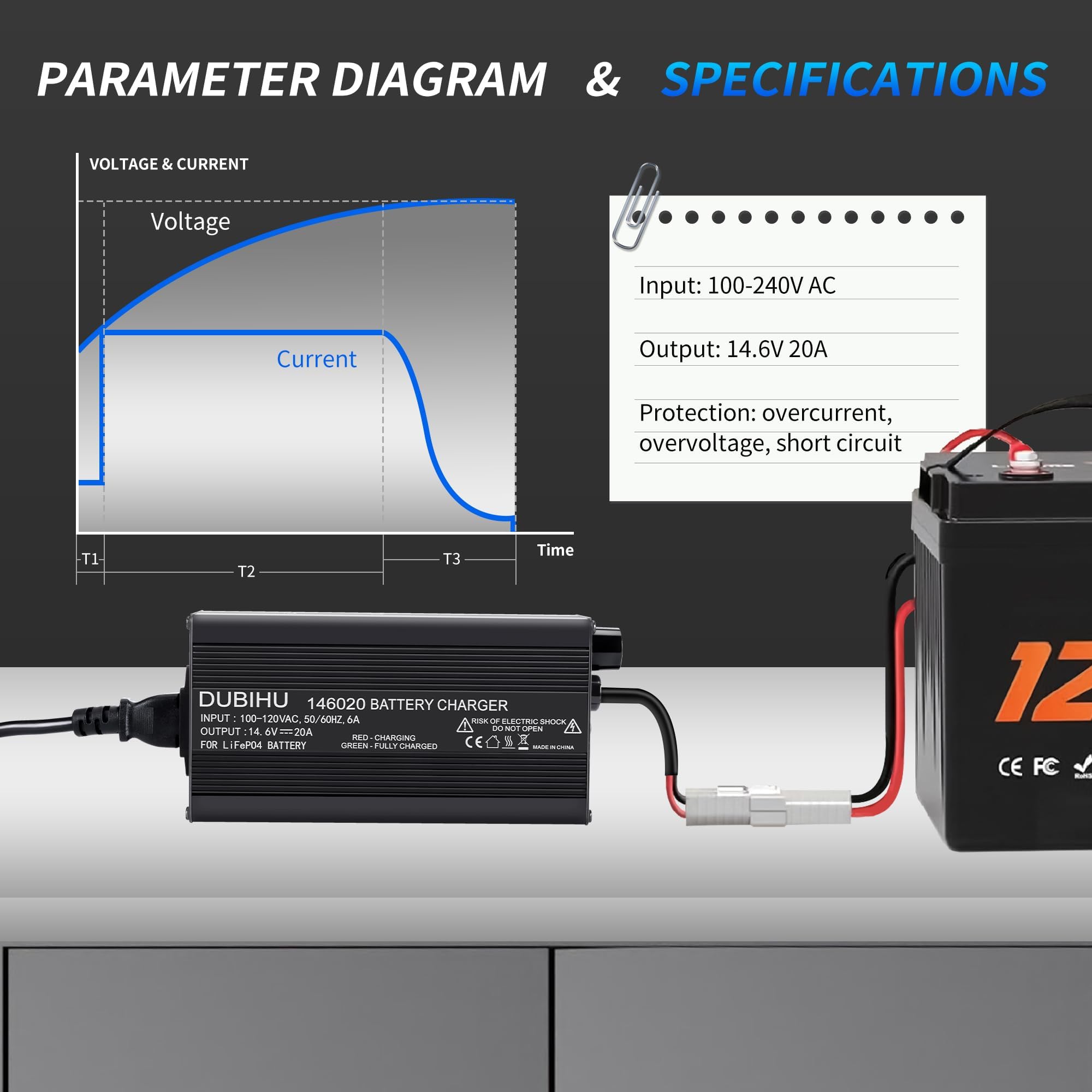 Cargador de batería LiFePO4 de 12 V 20 A con conector Anderson y cable adaptador Anderson a M8, cargador rápido e inteligente de 14,6 V para baterías de litio