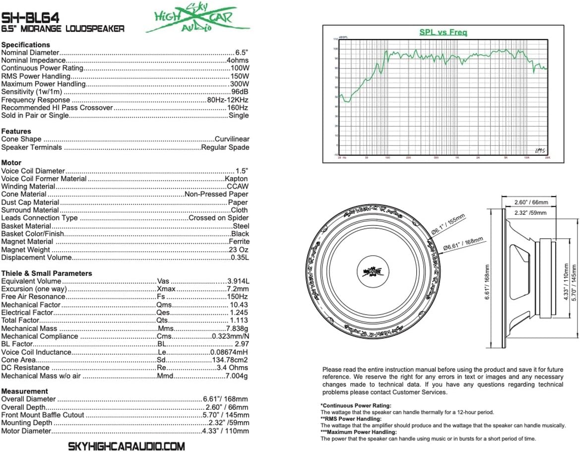 Sky High Car Audio SH-BL64 6.5" 4 ohm Midrange Loudspeaker