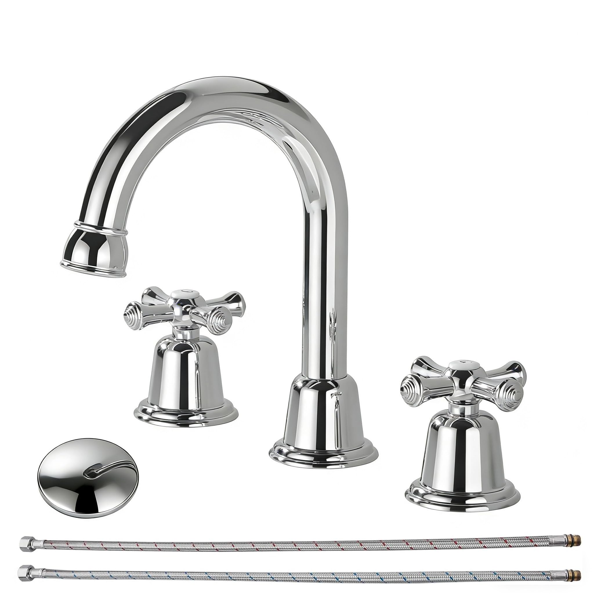 RKF Brass Two Handle Widespread Bathroom Sink Faucet with METAL Pop-up Drain with overflow and CUPC Supply Hoses,Chrome Polished,CWF039-CP