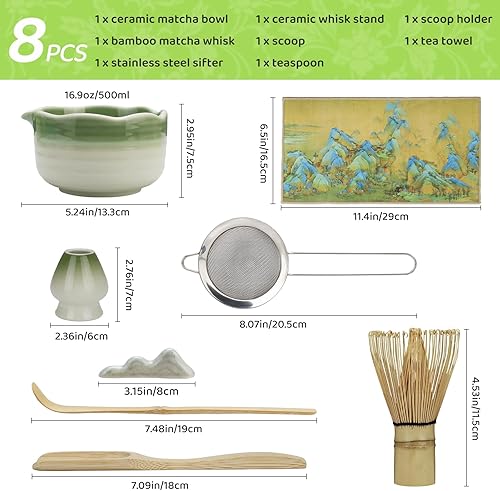 Miniatura 3 de HengLiSam Juego de 8 batidores de matcha, juego de cerámica de matcha, herramientas de ceremonia de té japonés con cuenco matcha, batidor de bambú,
