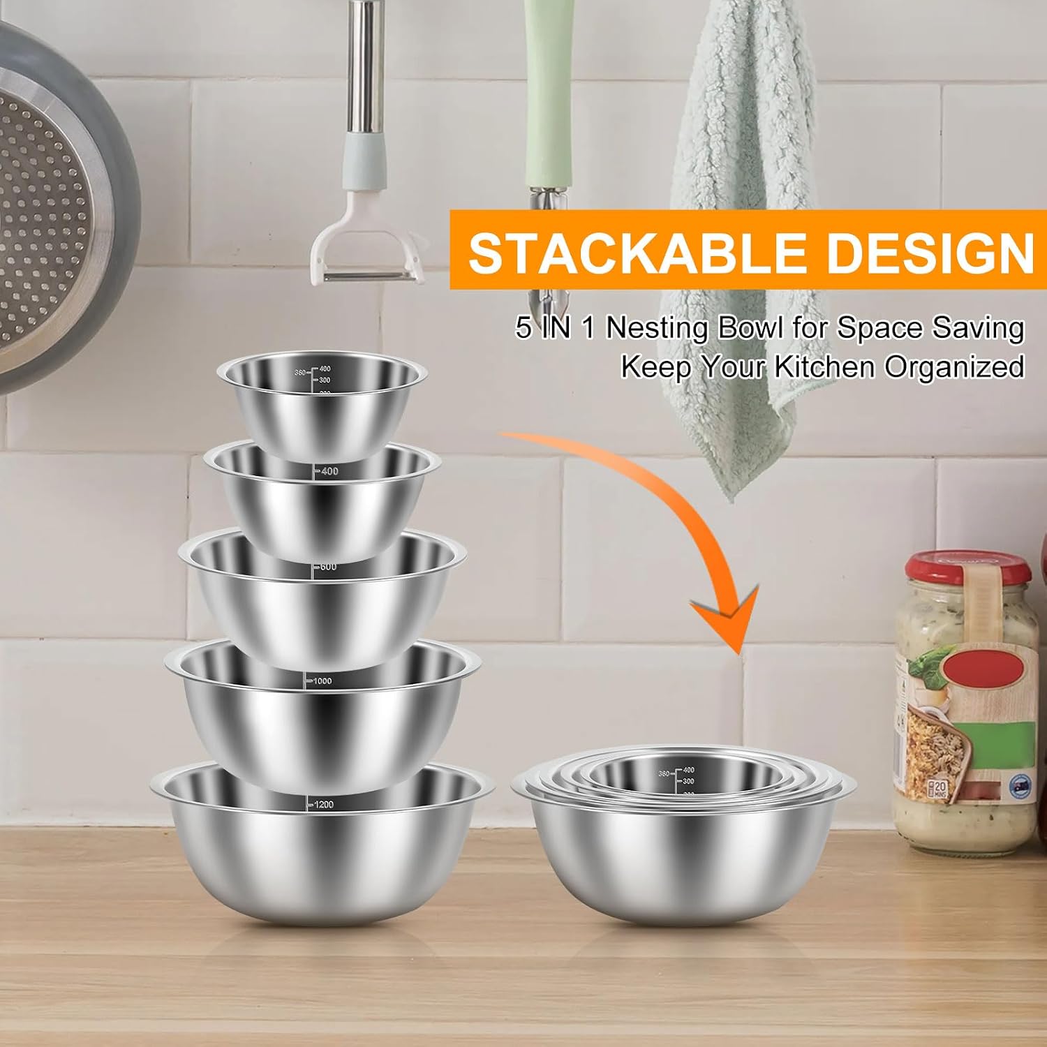 10 Pack Stainless Steel Nesting Mixing Bowl Set 5 Size (4.5, 3,2,1.5,0.7QT) | Food-Grade Metal Mixing Bowls with Scale Marks, Dishwasher safe for Kitchen Food Prep Storage And Serving, Cooking, Baking