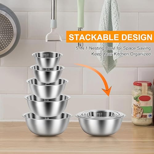 Miniatura 5 de Tazones para mezclar de acero inoxidable, juego de 5 cuencos para mezclar con marcas de escala, cuencos anidables para cocina, almacenamiento de
