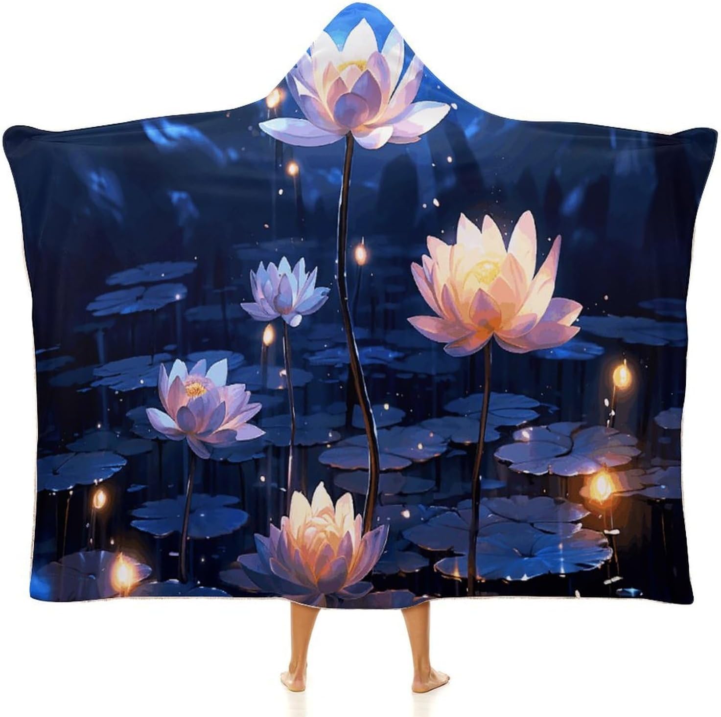 Night Flowers Wearable Hooded Blanket, Ultra Soft Arctic Velvet Cape Cloak Unisex - Cozy Wearable Blanket