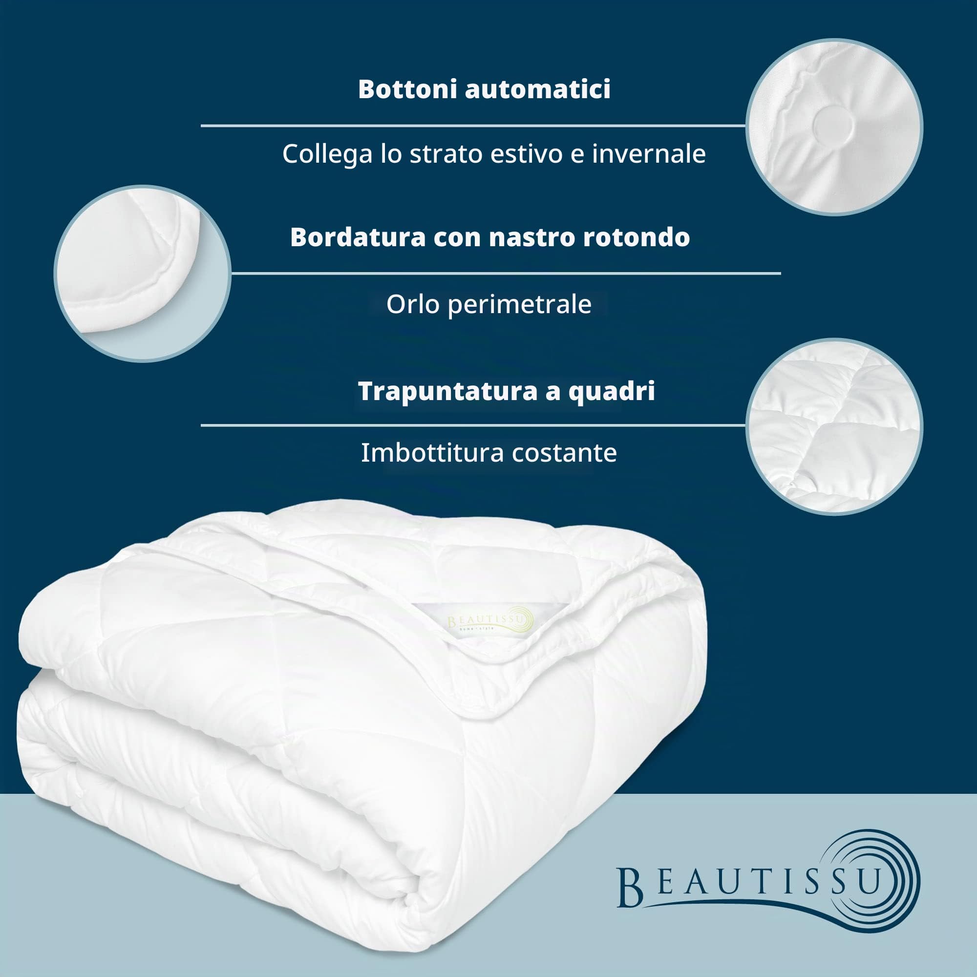 Beautissu Piumino Matrimoniale 4 stagioni Microfibra anallergico coperta | 155x220cm formata da 2 trapuntini con bottoni a pressione letto anallergica divisibile riscaldante quattro BeauNuit JD