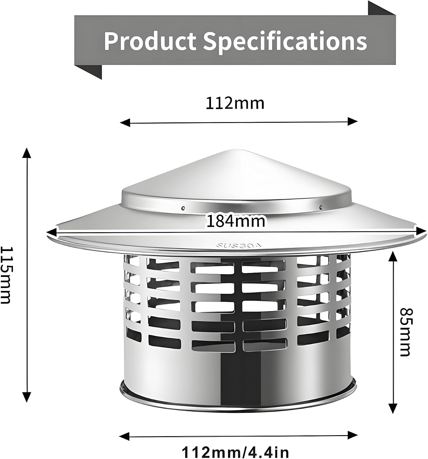 Round Chimney Rain Cap 304 Stainless Steel Roof Cowl, 75/100/110/160/200mm Flue for Wood Stoves, Fireplaces & Vent Pipes(110mm/4.3in)