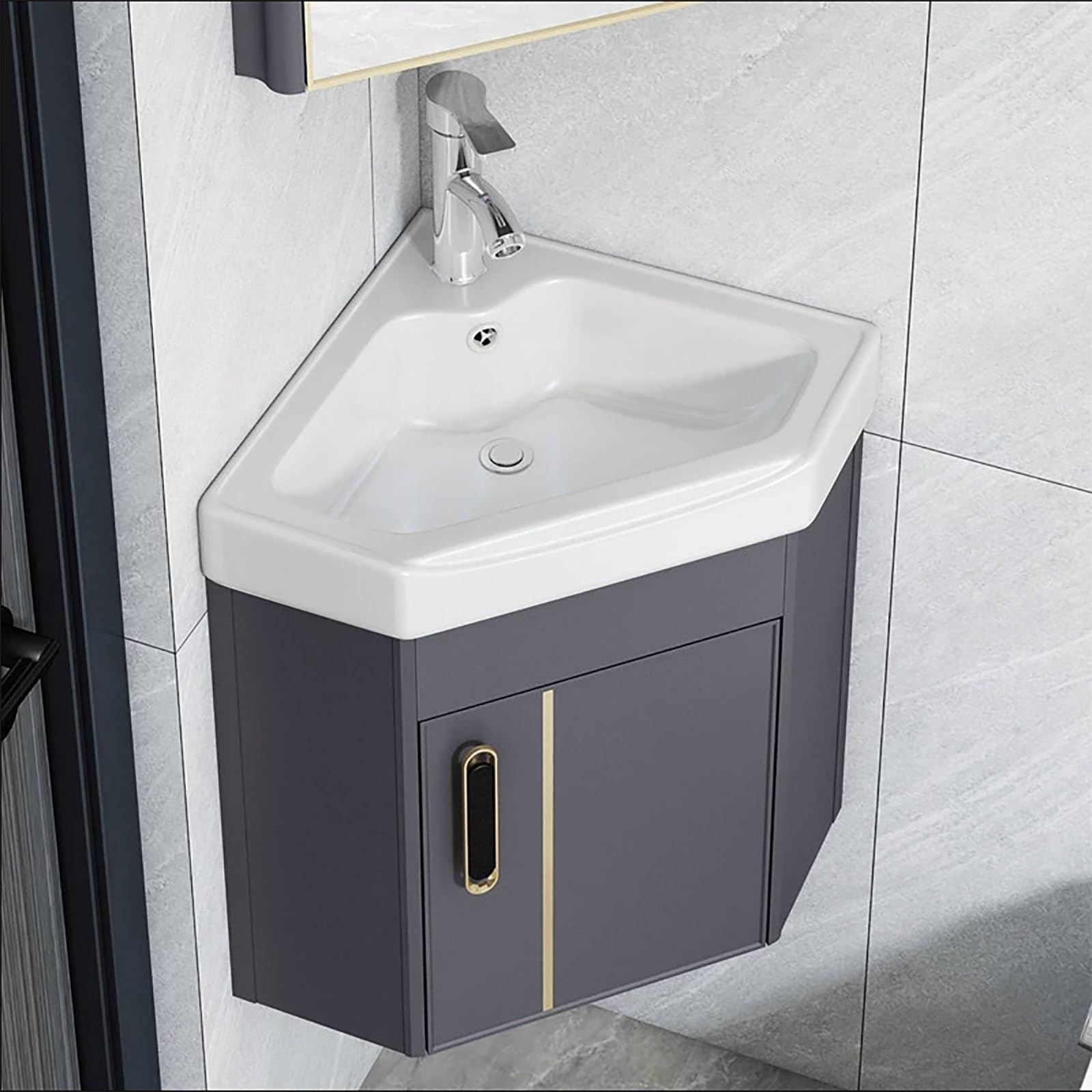 GLJTUO Modern Corner Bathroom Sink with Vanity Cabinet - 15" Wall-Mounted Ceramic Sink Space-Saving Design with Faucet & Drain Perfect for Small Bathrooms and Stylish Interiors,Grey-42cm/16.5in
