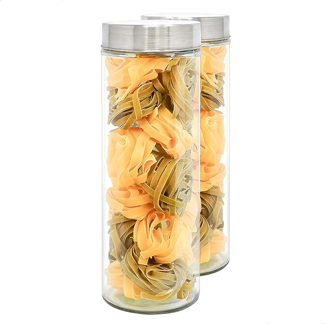 LG Luxury & Grace Set 2 Glass Jars with Lids, 1.74 L (30.9x10 cm). High Borosilicate Glass Jars. Stainless Steel Screw Lids. Food Storage Containers.