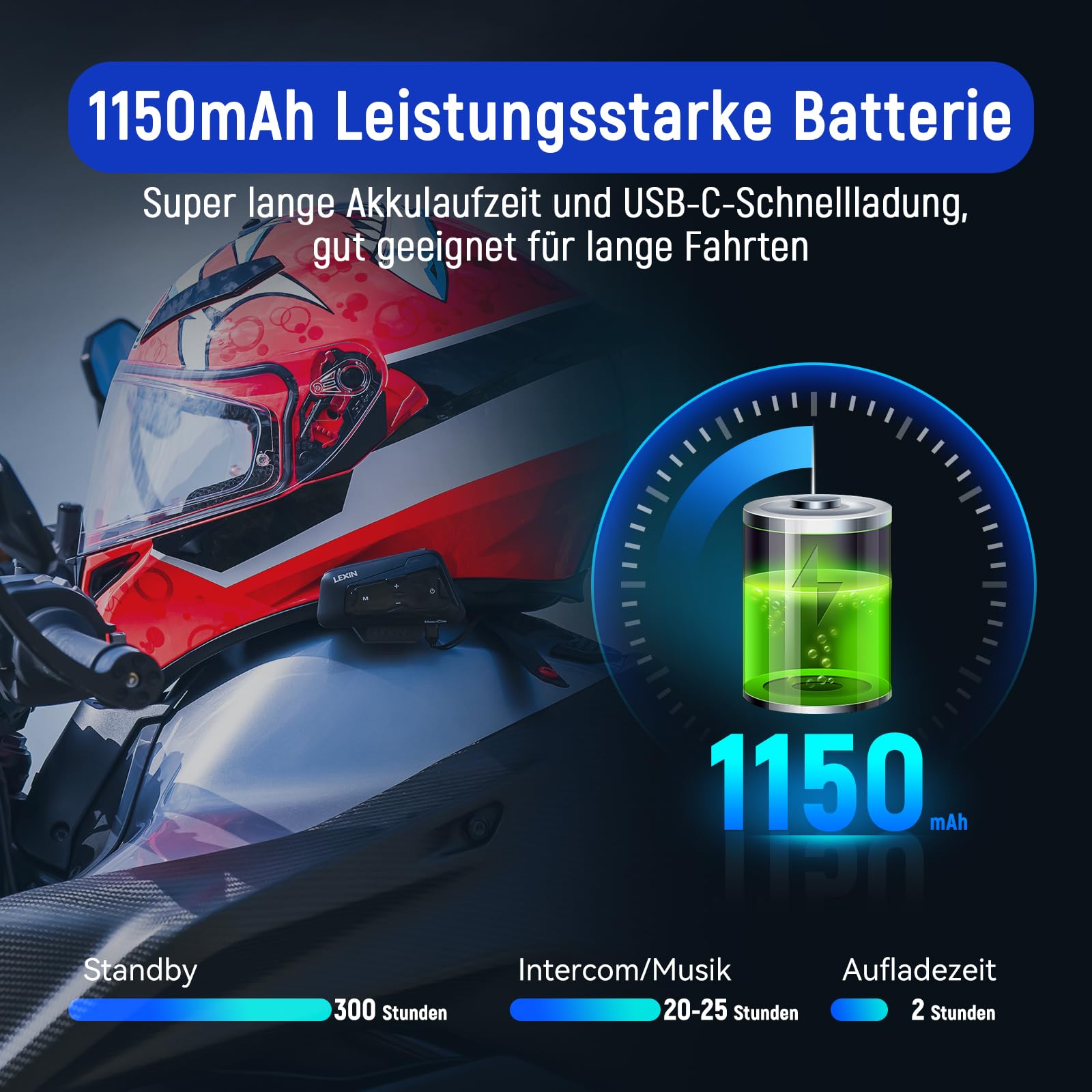 LEXIN MeshCom Bluetooth Headset für Motorrad, Helm Mesh Kommunikationssystem, CVC und DSP Geräuschunterdrückung, Audio-Multitasking Funktion, IP67 Wasserdicht, Doppelpack