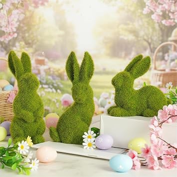 Easter Bunny Decorations, 3 PCS Resin Moss Bunny Figurines Green Faux Flocked Rabbit for Easter Decor Small Decorative Rabbit Statues for Home Decor, Spring Tabletop CenterpieceSmall Moss 3pcs