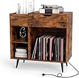 KOMFOTTEU Soporte para Tocadiscos con Estación de Carga, Mesa Auxiliar con 4 Compartimentos Abiertos y Cajón, Mueble para Tocadiscos con Carga 80 kg, Estantería de Discos de Vinilo, 80 x 40 x 79 cm