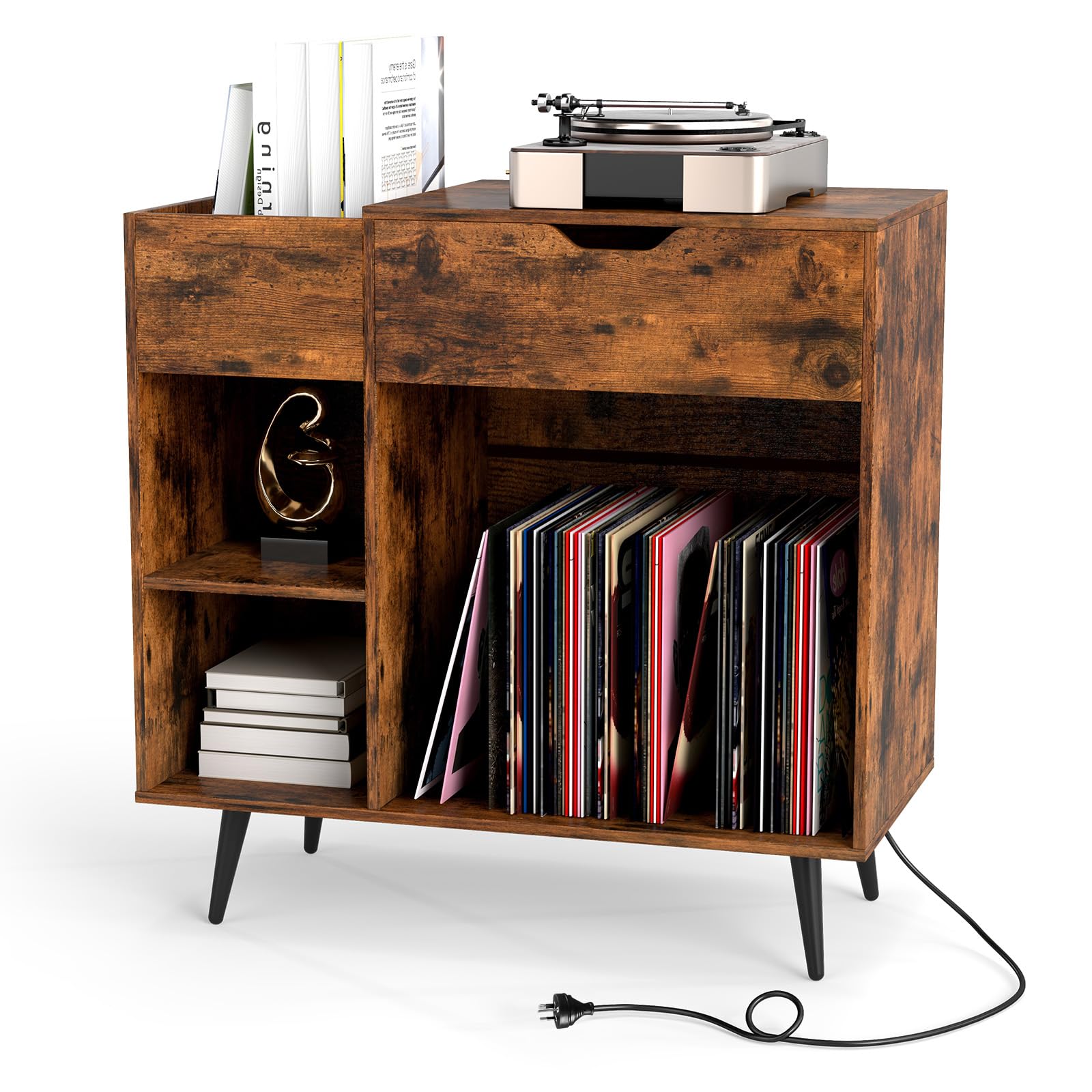 KOMFOTTEU Supporto per Giradischi in Vinile con Stazione di Ricarica, 4 Scomparti Aperti, Cassetto, Mobile per Giradischi 80x40x79cm, Espositore per Dischi per Ufficio, Soggiorno, Potato 80kg, Marrone