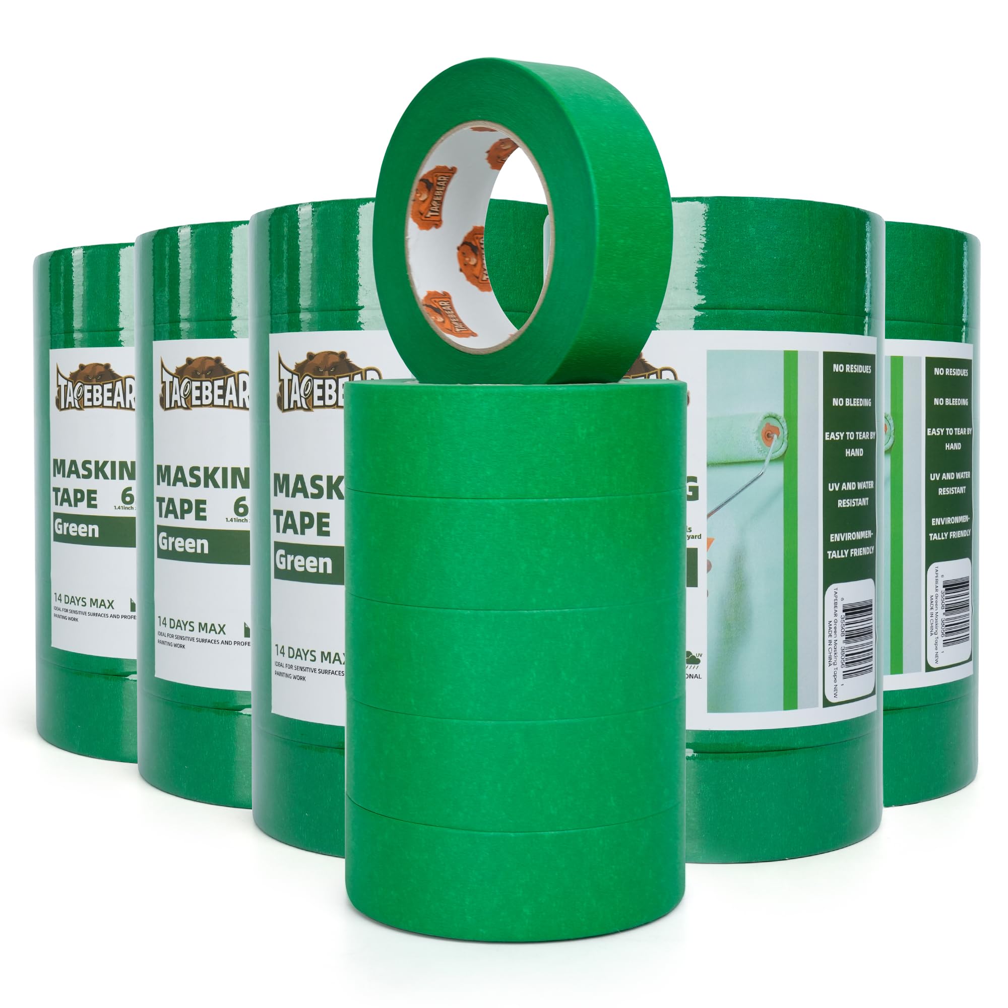 TAPEBEAR Green Painters Tape Multi-Surface Masking Tape 1.41 inch x 60 Yard, Indoor and Outdoor Painting Tape, Residue Free Easy Removal with Sharp