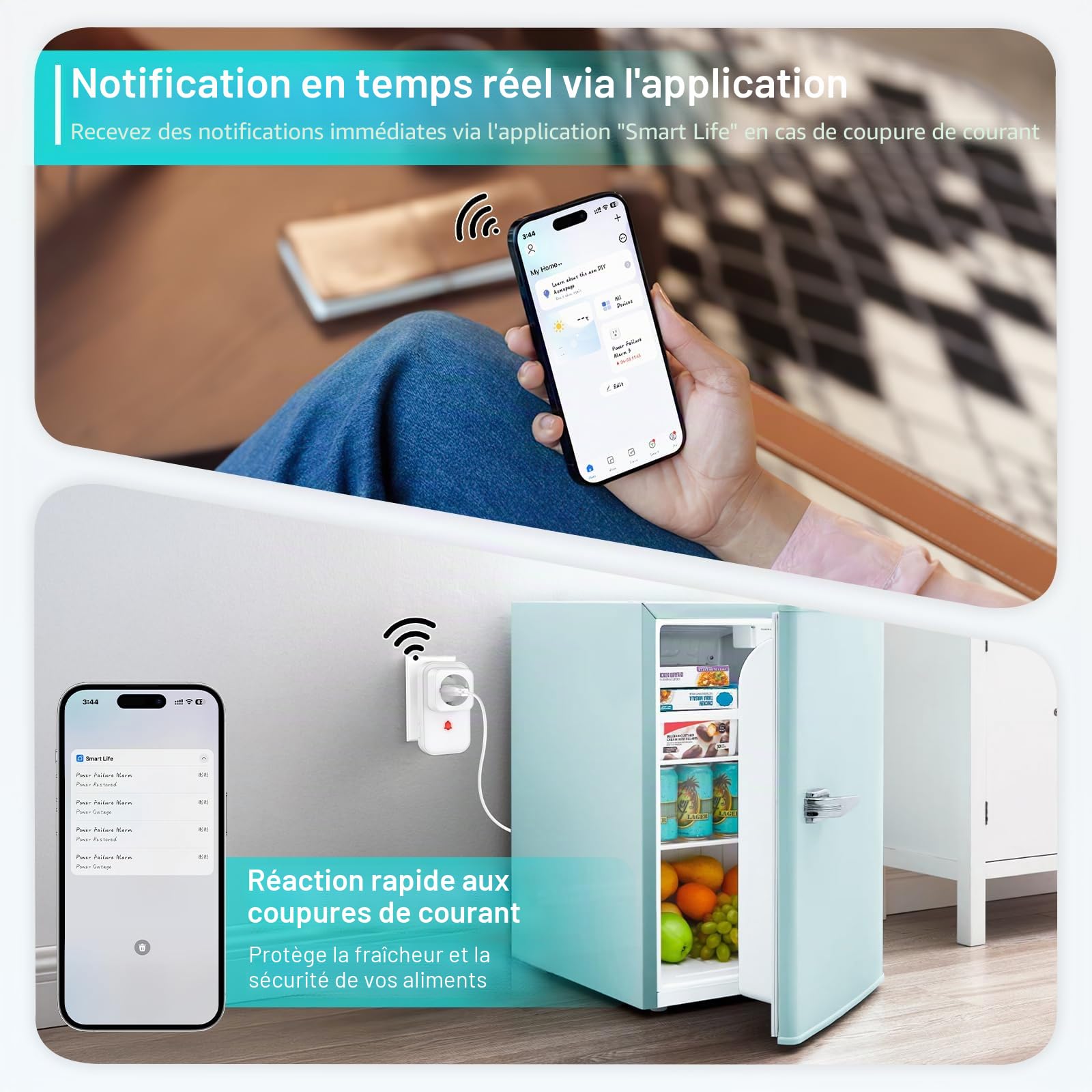 Détecteur de Coupure de Courant WiFi Tuya Smart Life | 110DB 3 Niveaux de Volume Alarme WLAN, Alerte en cas de panne de courant LED Indicateur