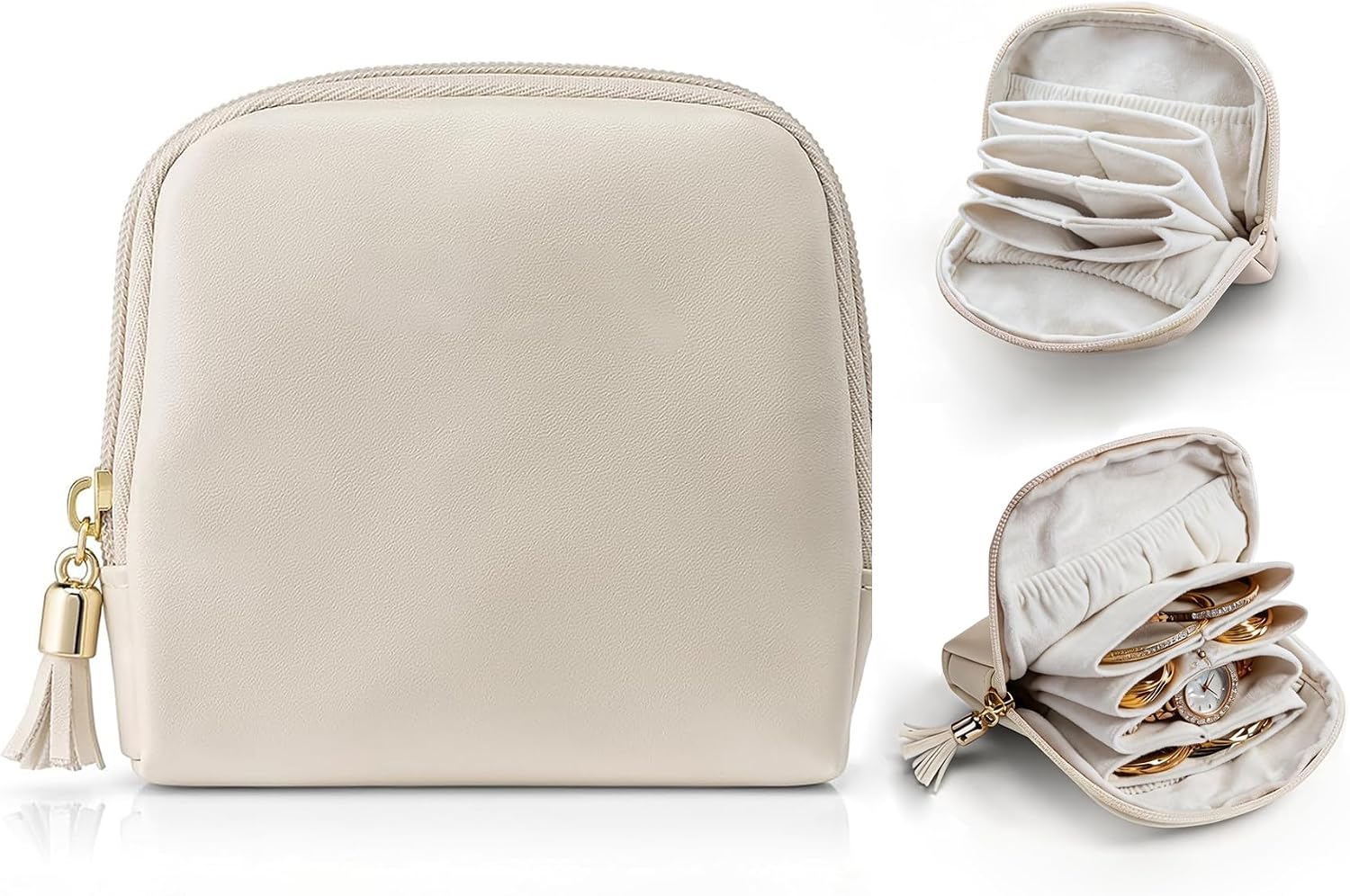 Travel Jewelry Case for Traveling with 6 Individual Pockets | PU Leather Jewelry Organizer with Zipper Portable Jewelry Pouch for Bracelets, Necklaces, Watches, Earrings, etc (CreamWhite)