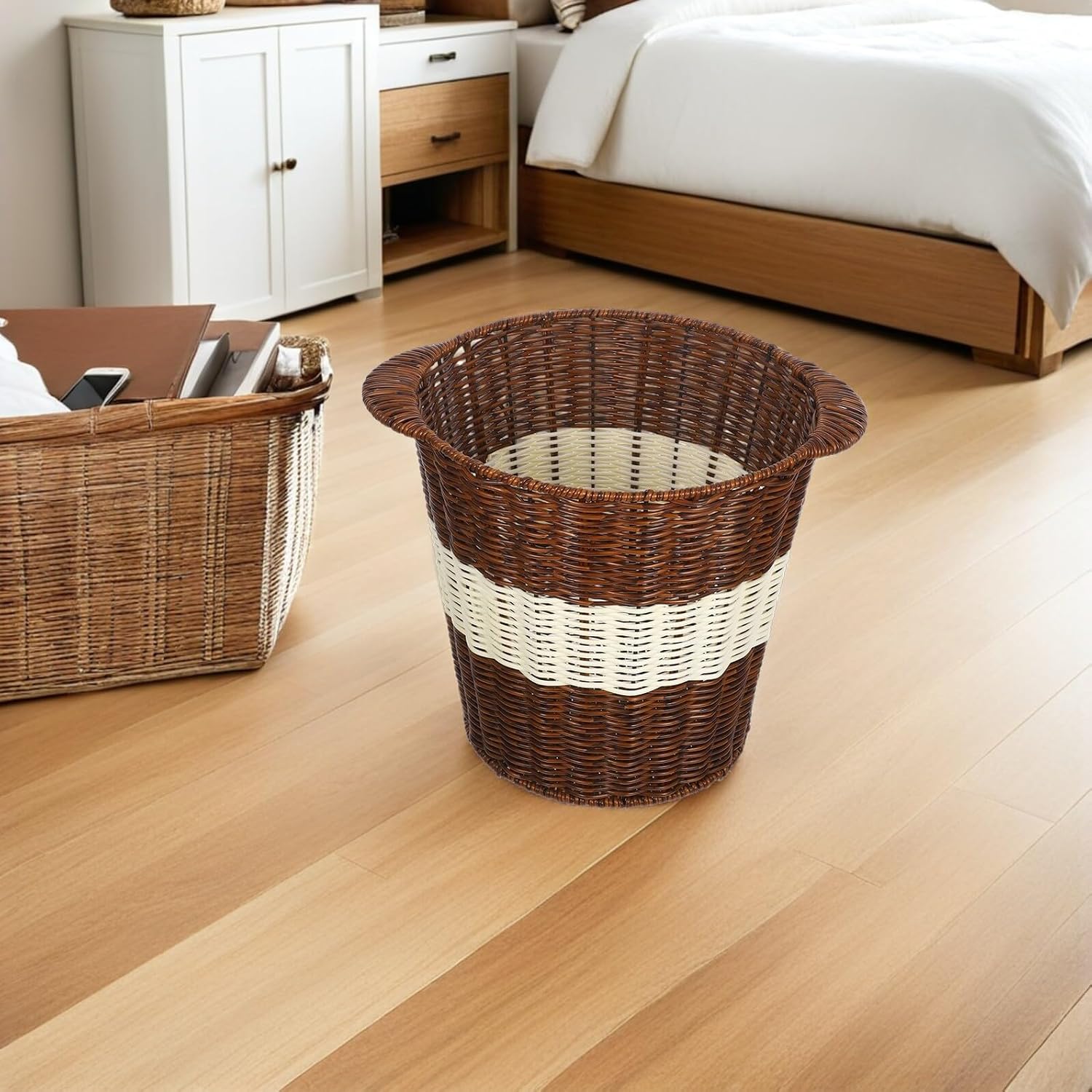 KALLORY Imitation Rattan Woven Wastebasket Office Trash Can Breathable Storage Bin for Desk and Workspace Organization