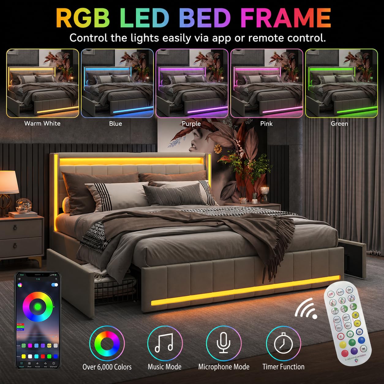 BRILVERDE Łóżko tapicerowane 180 x 200 cm, z miejscem do przechowywania, podwójne łóżko z USB i LED, łóżko młodzieżowe z 4 szufladami, łóżko funkcyjne, rama łóżka ze stelażem, len (beżowe, 180 x 200