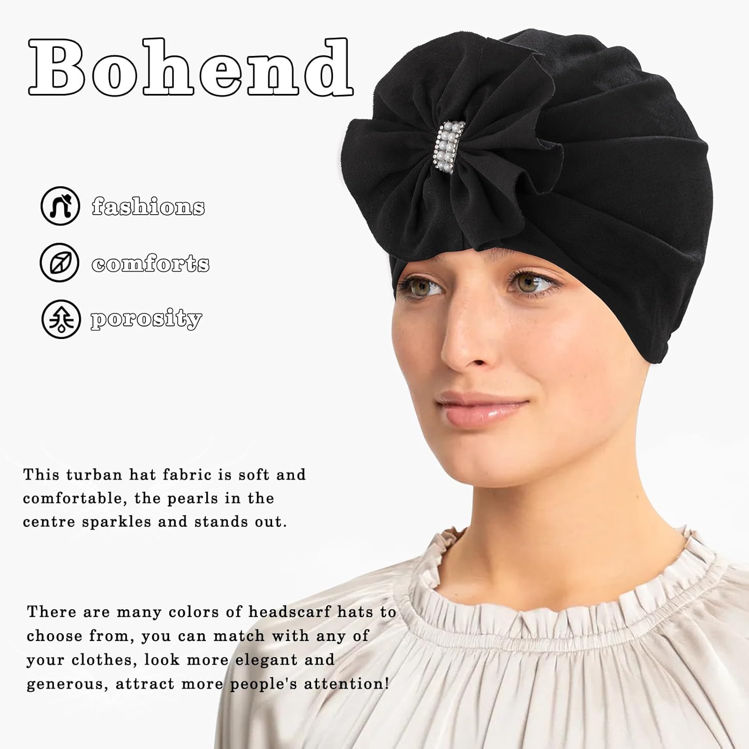 Bohend Flower Turbans Cap Rhinestone Pearl Knot Headwarp Beanie Pre Tied Head Cover Bonnet Women Muslim Pleated Headscarf Hat - Image 7