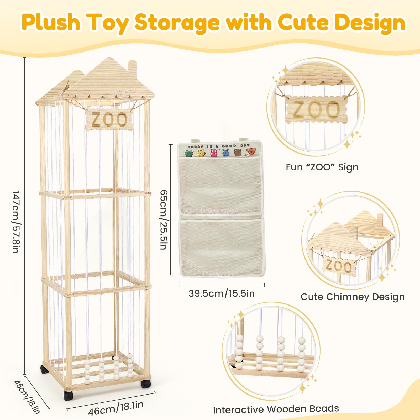 Contenitore per Peluche, 147x46x46CM Organizer per Peluchecon Ruote Girevoli a 360°, Porta Peluche per Cameretta dei Bambini, Soggiorno, Camera da Letto, Mobili per la Cameretta dei Bambini (Strisce)
