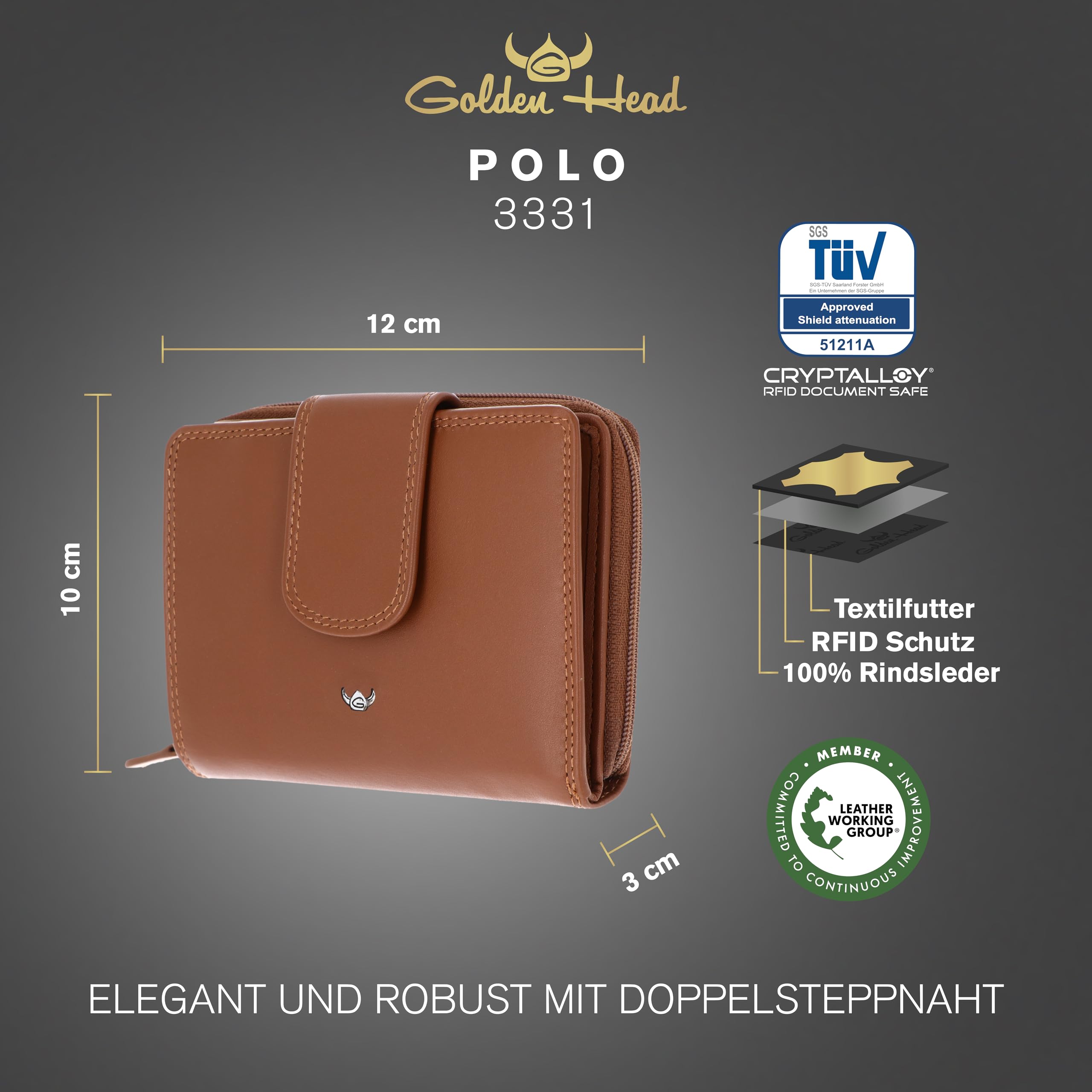 Golden Head Cuero Monedero Polo RFID Protect RV-Börse 3331 Cognac marrón