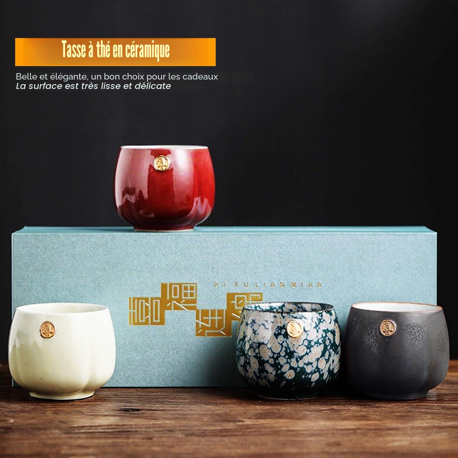 4pcs tasse à thé de style japonais, ensemble de tasses à thé cuites au four rétro en céramique Kung Fu Teaware Drinkware Tasse à café Yerba Mate Set pour adultes Hommes Femmes(Bonne chance)