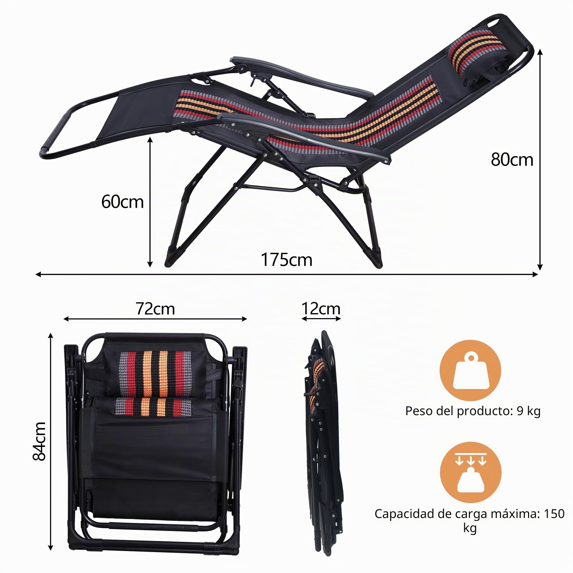 Tumbona Jardin Exterior, Tumbonas Plegable, Extra Ancho Silla Gravedad Cero Reclinable - Respaldo Ajustable, Silla con Portavasos y Reposacabezas, para Playa, Piscina, Terraza, Negro