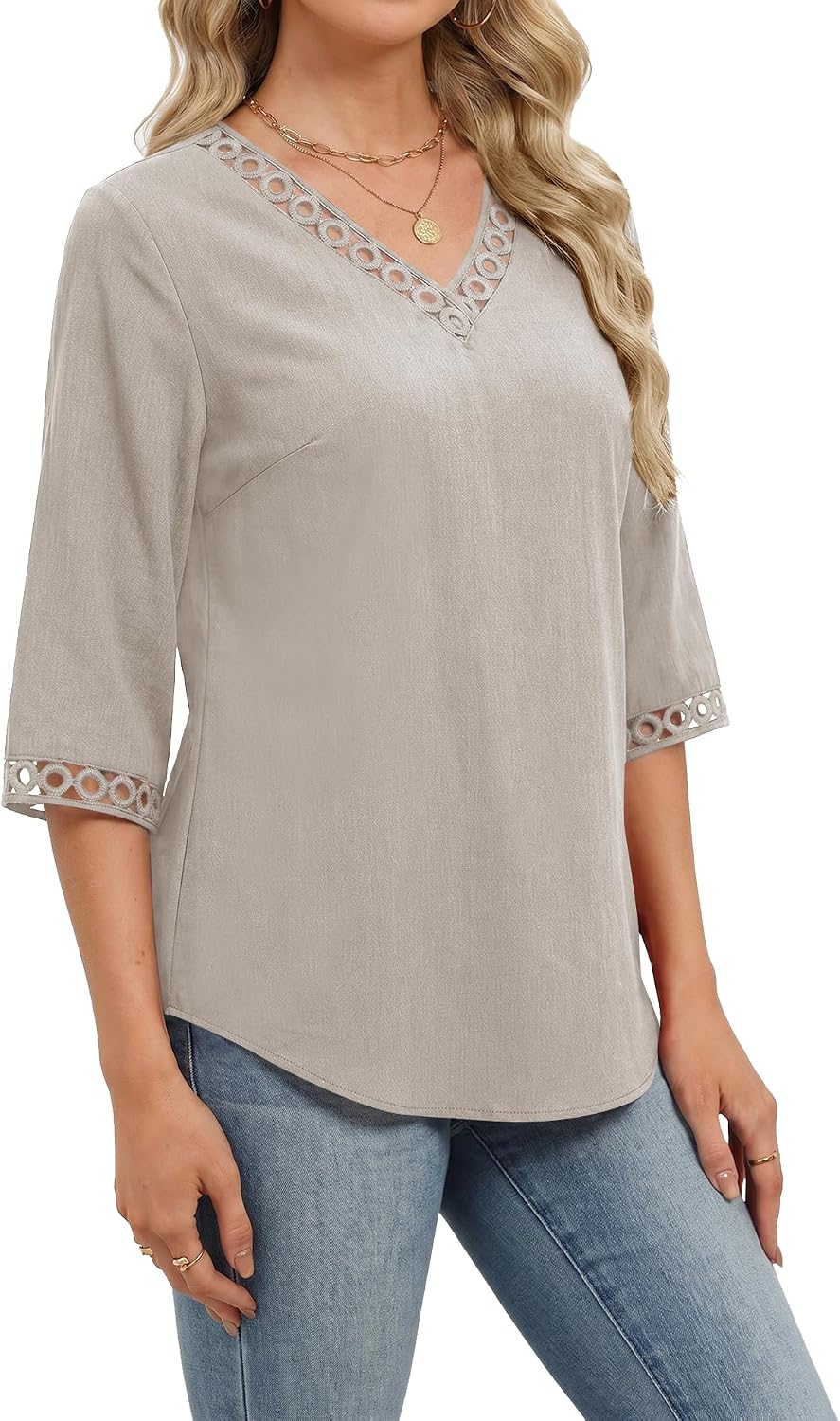 Micoson 3/4 Length Sleeve Womens Tops Eyelet Lace V Neck Cotton Linen Shirt