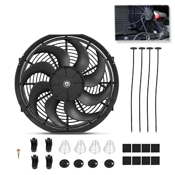 Universal 14 Inch Black Slim Radiator Cooling Fan 12V 90W Push Pull with Mount Kit Fits Radiators for Vehicles, Cars, Trucks