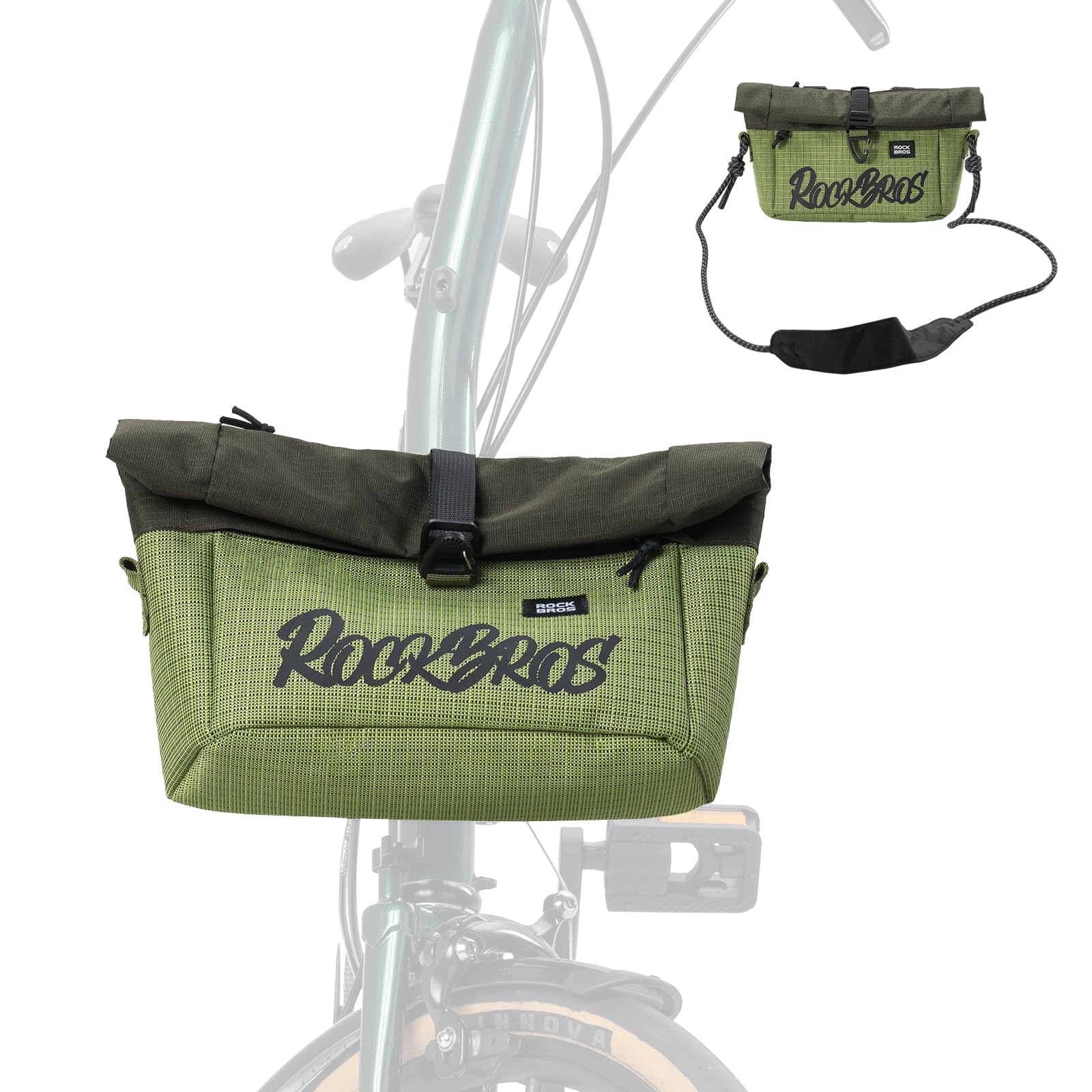ROCKBROS Borsa da Manubrio per Bici Pieghevole Brompton e Bicicletta con Manubrio Piatto, Capacità Espandibile 2.8-4.6L Roll-Top, Borsa a Tracolla Regolabile Anti-usura e Stabile per Commute Ciclismo
