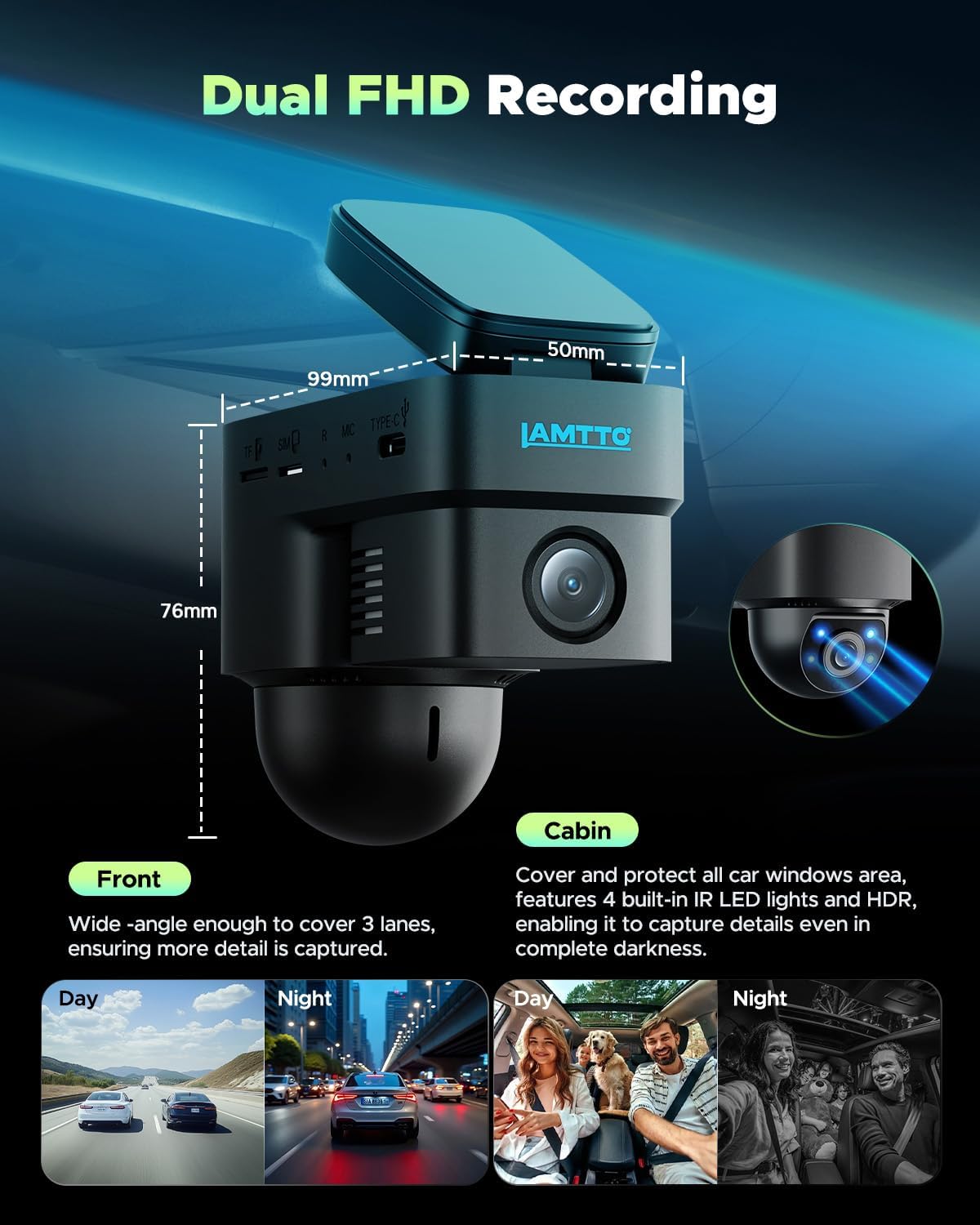Diagram showing dual FHD recording capabilities for front and cabin views, day and night