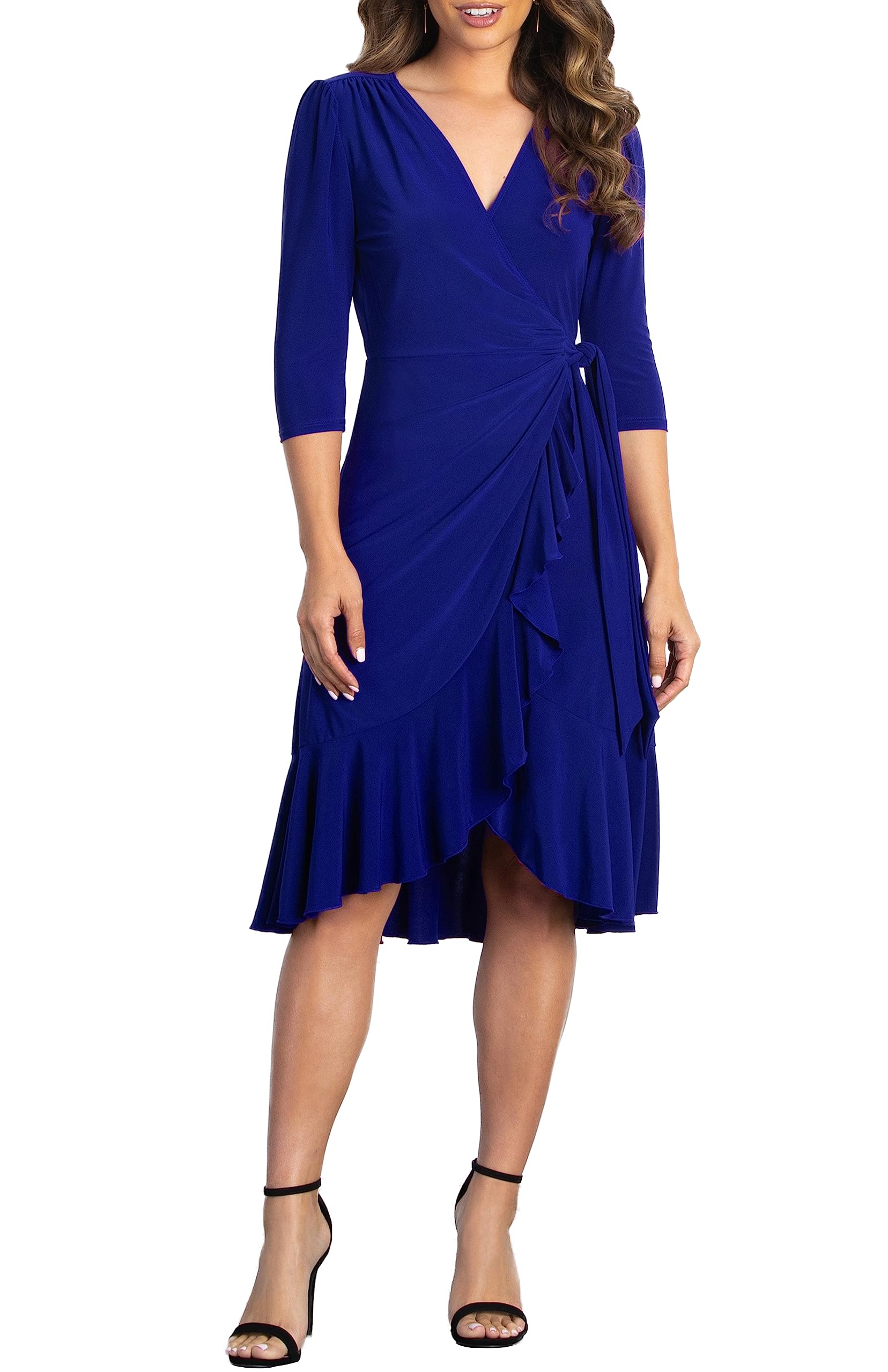 Kiyonna Vestido cruzado midi con volantes y mangas de talla extragrande, para cóctel, fiesta, invitada de boda o trabajo