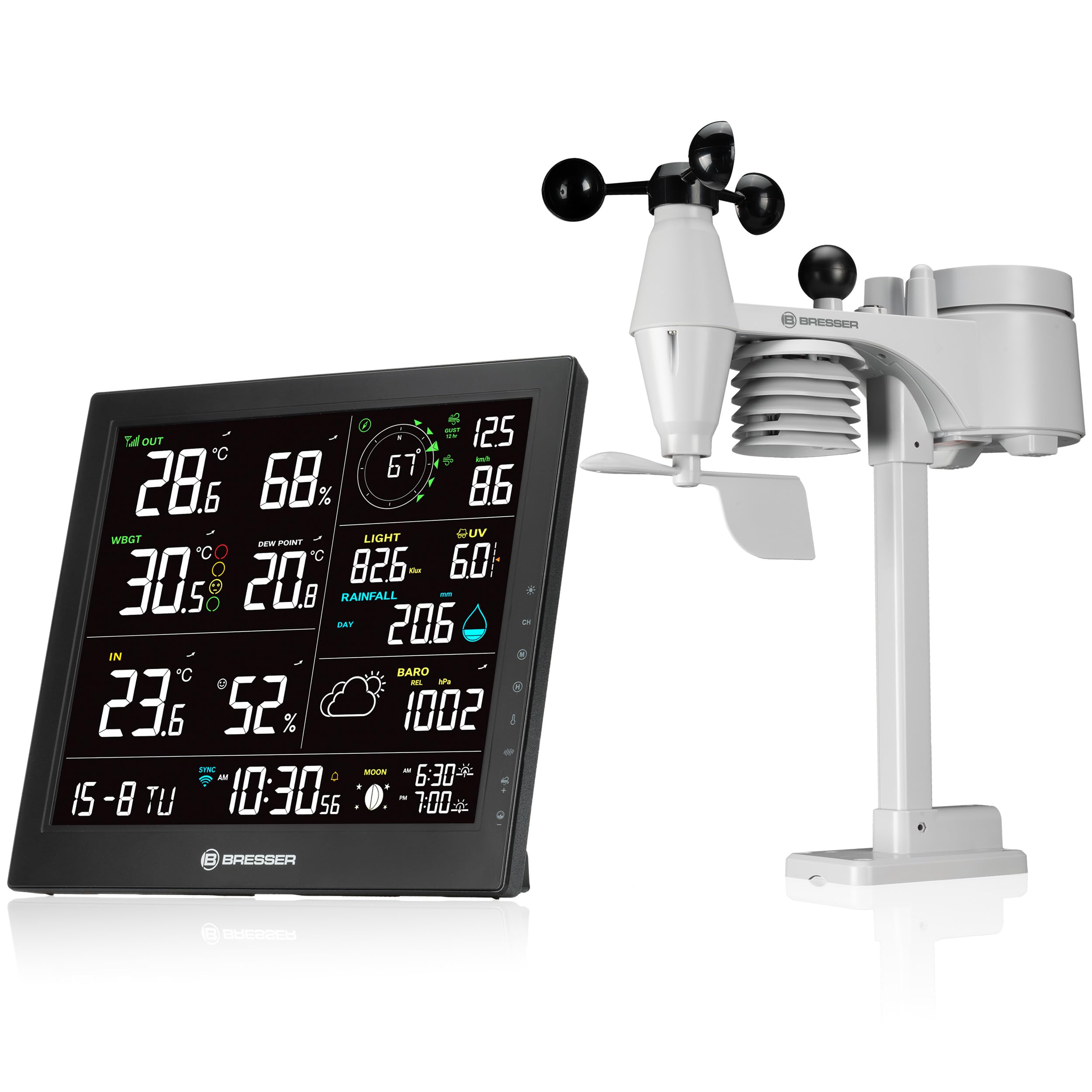 Bresser MeteoTemp JW Profi WLAN Wetterstation Funk mit 8 in 1 Sensor | Innentemperatur und Außentemperatur, Luftfeuchtigkeit, Regenmesser, Windmesser, Wettervorhersage, App, WBGT