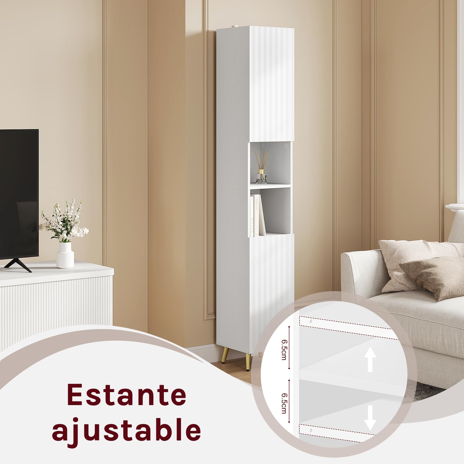 eSituro Armario Alto de Baño, Mueble Estrecho con Compartimentos Abiertos, Auxiliar con 2 Puertas, Estante Ajustable, Patas Metálicas Doradas, Blanco, 30x28x180 cm
