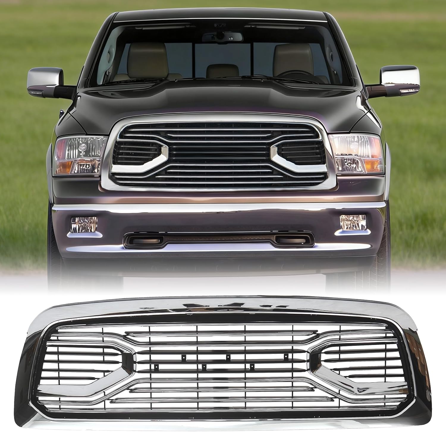 Front Grill Compatible with 2009-2012 Ram 1500 Big Horn Style, Front Grill Replacement ABS Bumper Grille without Lights, Chrome