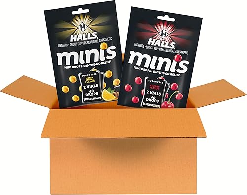 HALLS Minis - Paquete variado de gotas para la tos sin azúcar y cereza y miel de limón, 4 - 24 paquetes (96 gotas totales) HALLS Minis - Paquete variado de gotas para la tos sin azúcar y cereza y miel de limón, 4 - 24 paquetes (96 gotas totales)