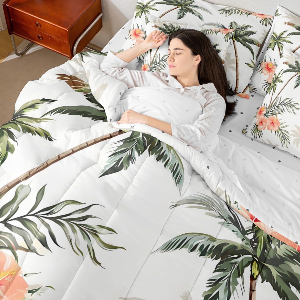 Coconut Trees Queen Bedding Set 7 Pieces,Tropical Plant Comforter Sets for Boys Girls,Flowers Bedding Comforter Sets with 1 Comforter,2 Pillowcases,2 Pillow Covers,1 Flat Sheet,1 Fitted Sheet