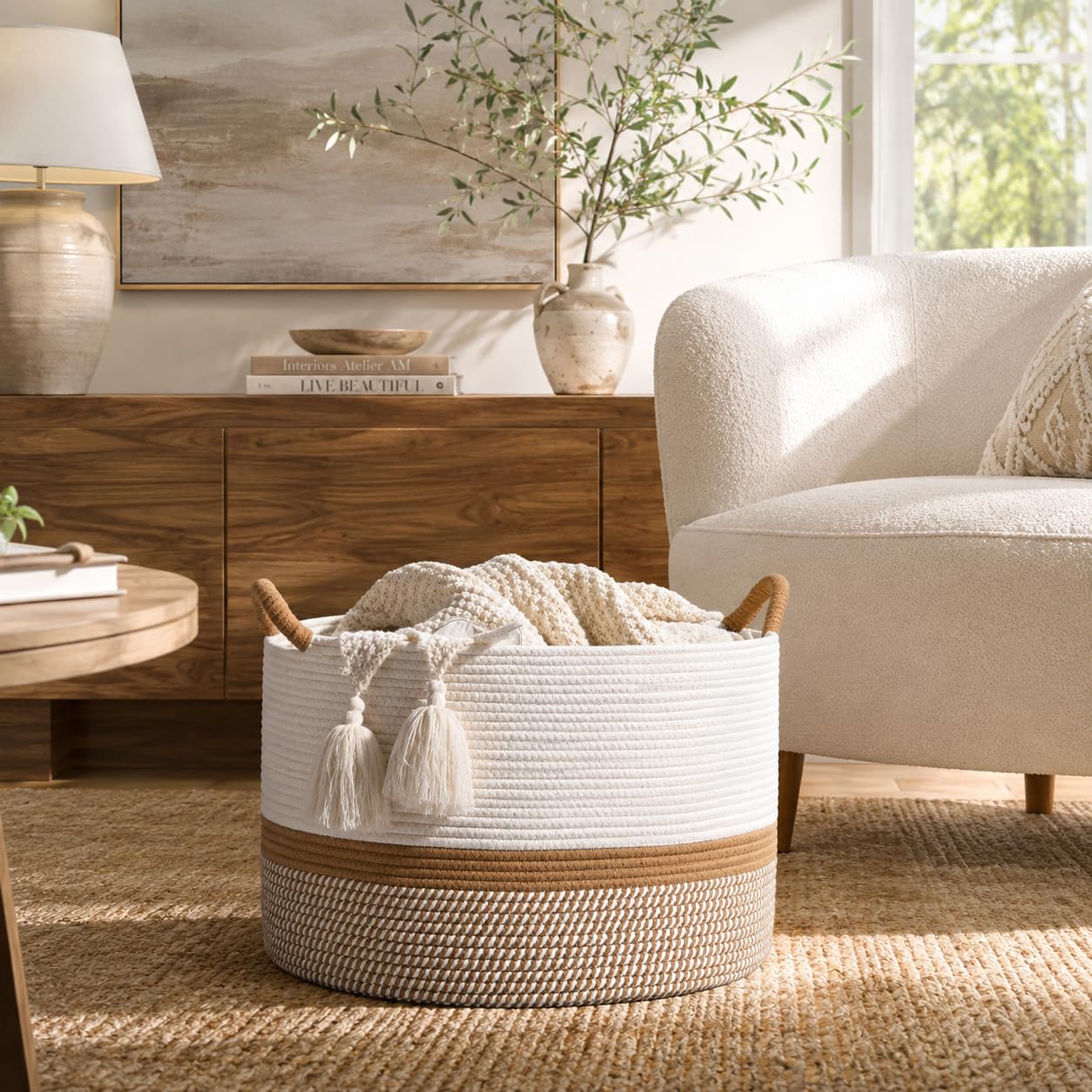 KAKAMAY Grande cesto per coperte (50,8 x 33 cm), cesto portabiancheria in corda di cotone, per soggiorno, lavanderia, asilo, cuscini, giocattoli per bambini (bianco/marrone)