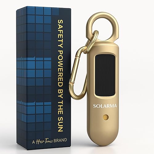 Solarma First - Alarma de seguridad personal con energía solar para mujer, sirena de doble altavoz extra fuerte + LED, recargable solar y USB-C,