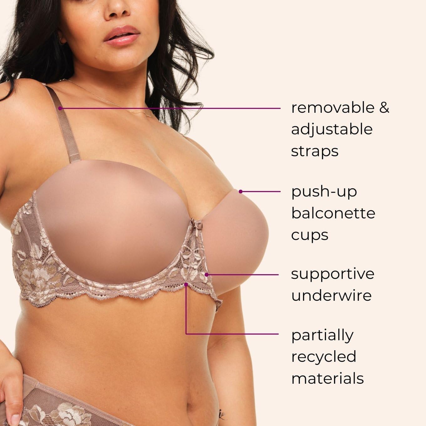 Adore Me Lyza Push Up Strapless Bra - 30A-46DDD Regular & Plus-Size Underwire Balconette Bra, with Lace & Adjustable Straps - Image 2