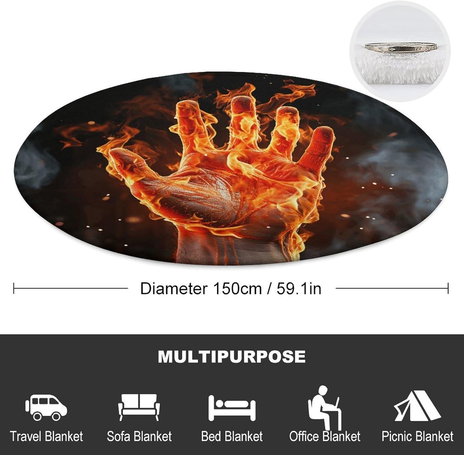 Fire Flame Hand Blanket Round Beach Tapestry Flannel Round Tablecloth Boho Beach Blanket Home Decor Indie Rug Comfortable Yoga Mat for Multi Scenario Usage