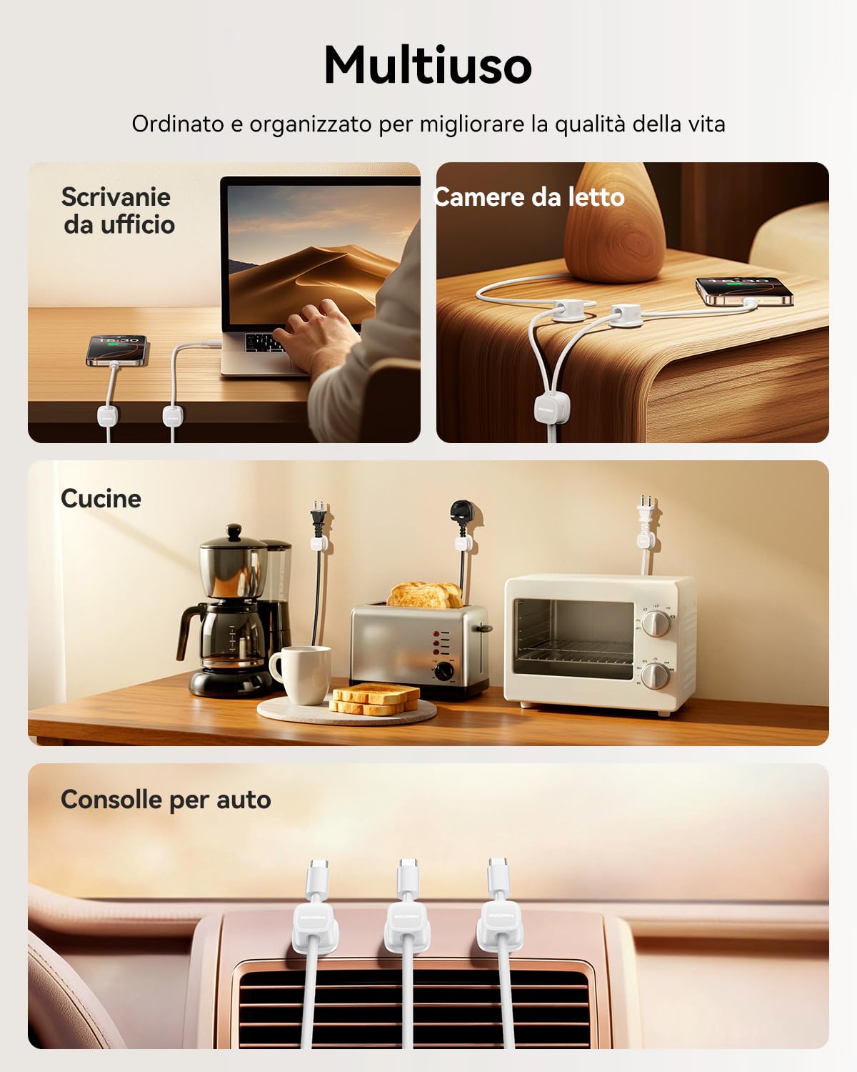 Organizer Per Cavi Magnetico Con Clip Rotanti E Fascette - Set Da 6+5, Gestione Cavi Da Scrivania, Adesivo Resistente, Per Ufficio E Casa
